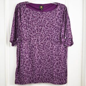 JM Collection Top Women Medium Purple Leaf Vine Lined Boat Neck Split Sleeve